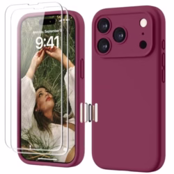 GOODVISH 4 IN 1 for iPhone 17 Pro Case, Premium Liquid Silicone with [2X HD Screen Protector + Camera Control Capture Button], Full Lens Protection Cover Soft Microfiber Lining Phone Case, Wine Red