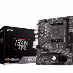MSI A520M-A PRO Motherboard mATX - Supports AMD Ryzen 3rd Gen Processors, AM4, DDR4 Boost (4600MHz/OC), 1 x PCIe 3.0 x1, 1 x M.2 Gen3 x4, Gigabit LAN
