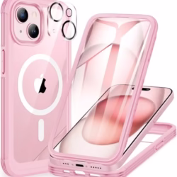 CENHUFO Magnetic Compatibl with iPhone 15 Case and Magsafe, Built-in Glass Screen Protector with Camera Lens Protector, 360°Full Body Heavy Duty Protective Phone Case for iPhone 15 6.1 Inch -Pink