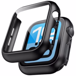 TAURI 2 Pack Hard Case for Apple Watch SE 3 /Series 6/5/4 /SE 44mm with 9H Tempered Glass Screen Protector, [Touch Sensitive] [Full Coverage] Slim Bumper Protective Cover for iWatch 44mm - Black