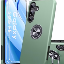 AOUIA for Samsung Galaxy S25 FE Case with 2-Pack Screen Protector, 3-in-1 Set Cover, 360°Rotating Ring Stand, Military Protection, Shockproof Phone Case for Samsung S25 FE, Green