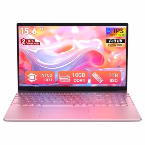 15.6" Rose Gold Laptop, 16GB RAM, 1TB SSD, Quad-Core 3.4GHz, Backlit Keyboard, Fingerprint Unlock, Lightweight Notebook for Work, Study & Travel