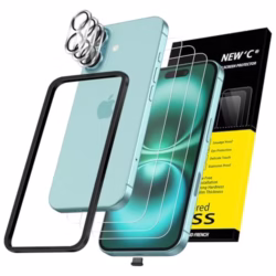 NEW'C 3x for iPhone 16 Screen Protector (6.1 inches)+ 3x Camera Lens Protector, Sensor Protection, Case Friendly Tempered Glass Film + Dust Plug- Easy installation tool include