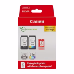 Canon Ink & Paper Multipack - PG-545/CL-546 Genuine Printer Ink Cartridges 2 Pack (1 x Black, 1 x Colour) & 4x6 Photo Paper (50 x Sheets) For TS3350, TS4550, TS3450, TS3150, TR4650, MX495