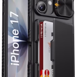 Vihibii for iPhone 17 Case with Card Holder (4 Cards), Slide Camera Cover, Military Drop & RFID Protection, Heavy Duty Shockproof Silicone Wallet Phone Case for iPhone 17 6.3" 2025, Black