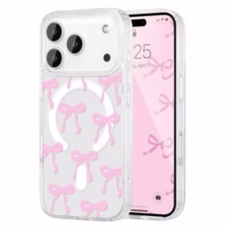 UEEBAI Magnetic for iPhone 17 Pro Max Case, Bow Case Compatible with MagSafe, Wireless Slim Clear Ribbon Aesthetic Phone Cover Anti-Yellowing Shockproof Protective Cover for Women Girl - Pink