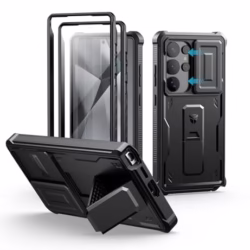 Dexnor for Samsung Galaxy S25 Ultra Case with Built-in Slide Camera Cover & Screen Protector & Kickstand, Heavy-Duty Shockproof Rugged Case Full-Body Bumper Protective Cover - Black