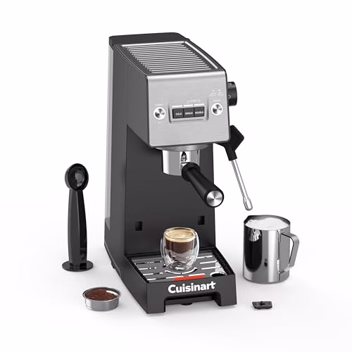 Cuisinart® Slim Espresso Machine | Espresso, Americano, Cold Brew | Integrated milk frother for Lattes and Cappuccino | 15-Bar Pressure, Bottomless Portafilter |Compact Design, Travel Mug Compatible