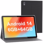BYYBUO Android 14 Tablet,10.1 inch Tablet with Case, 64GB ROM Quad-Core Processor 5000mAh Battery, 1280x800 IPS FHD Touchscreen 5MP+8MP Camera, Bluetooth, WiFi, SmartPad Gray