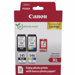 Canon PG-545 XL CL-546 XL VALUE Pack of 2 cartridges (Black XL Colour XL) + 50 sheets of 10x15cm Photo Paper Genuine (Recycled Cardboard Multipack)
