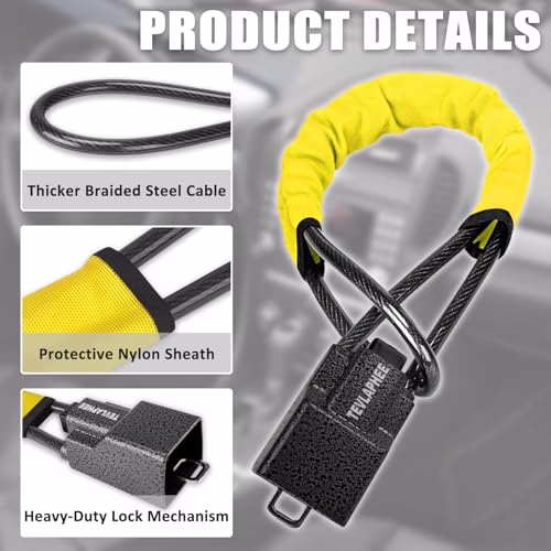 Tevlaphee Upgraded Steering Wheel Lock, Seat Belt Lock, Metal Head, High Visibility Car Lock Anti-Theft Device, Heavy Duty, Universal Fit for Car, SUV, Pickup, Jeep, Van, RV, 3Keys(Yellow) - Image 4