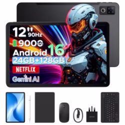 DOOGEE U12 Android 16 tablet, 12 inch FHD+(2000x1200) 90Hz Large Screen, 24GB+128GB/2TB, Gemini AI Octa Core Gaming Tablets, 9000mAh/18W, Widevine L1, 2.4G/5G WiFi, Tablet with Pen,Keyboard,Mouse&Case