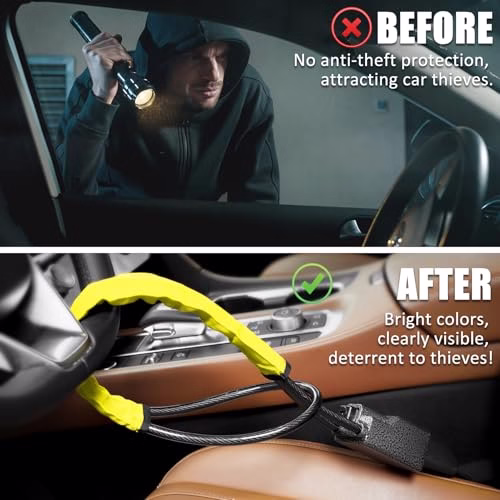 Tevlaphee Upgraded Steering Wheel Lock, Seat Belt Lock, Metal Head, High Visibility Car Lock Anti-Theft Device, Heavy Duty, Universal Fit for Car, SUV, Pickup, Jeep, Van, RV, 3Keys(Yellow) - Image 3