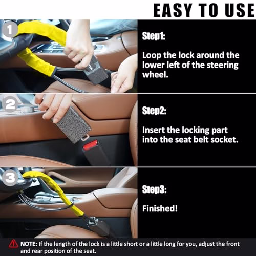Tevlaphee Upgraded Steering Wheel Lock, Seat Belt Lock, Metal Head, High Visibility Car Lock Anti-Theft Device, Heavy Duty, Universal Fit for Car, SUV, Pickup, Jeep, Van, RV, 3Keys(Yellow) - Image 6