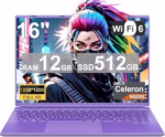 16 Inch Gaming Laptop, Celeron N5095 (Up to 2.9GHz),12GB RAM 512GB SSD, 1TB Expandable, FHD 1920x1200, WIN11, USB3.0, Webcam, Notebook Computer for Students & Office-Purple