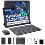Whitedeer 10 inch Tablet Android 14, 14GB+128GB/2TB Expanded, Octa-Core Tablets, 800 * 1280 HD丨WiFi 6丨BT 5.0丨5000mAh丨5MP+8MP, Widevine L1, Tab with Keyboard丨Mouse丨Stylus丨Tablet Case丨 Headphone(Black)