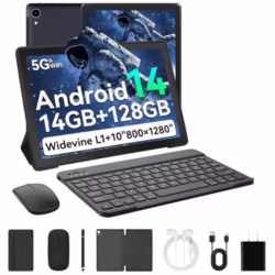 Whitedeer 10 inch Tablet Android 14, 14GB+128GB/2TB Expanded, Octa-Core Tablets, 800 * 1280 HD丨WiFi 6丨BT 5.0丨5000mAh丨5MP+8MP, Widevine L1, Tab with Keyboard丨Mouse丨Stylus丨Tablet Case丨 Headphone(Black)
