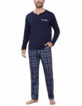 Men's Pyjamas Sets Long Sleeve Pj's Set Soft Loungwear Button Down Solid Top and Checked Pant with Pockets