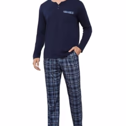 Men's Pyjamas Sets Long Sleeve Pj's Set Soft Loungwear Button Down Solid Top and Checked Pant with Pockets