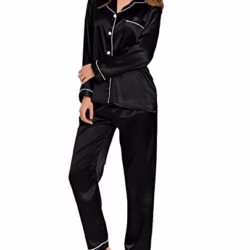 SWOMOG Women's Pyjama Set Silk Satin Long Sleeve Button Down Pyjamas Two Piece Comfy Sleepwear and Loungewear Set