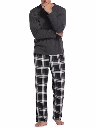 Vlazom Men's Pyjamas Sets Long-Sleeve Pj's Set Soft Loungwear Solid Top and Checked Pant with Pockets S-XXL - Image 5