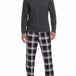 Vlazom Men's Pyjamas Sets Long-Sleeve Pj's Set Soft Loungwear Solid Top and Checked Pant with Pockets S-XXL