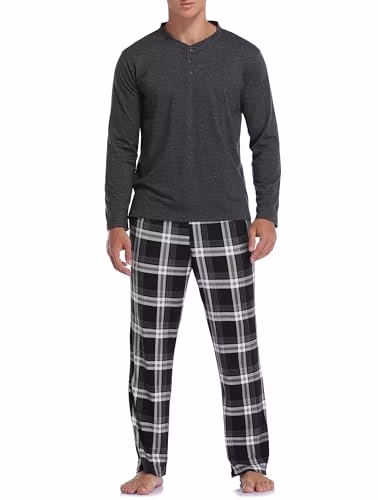 Vlazom Men's Pyjamas Sets Long-Sleeve Pj's Set Soft Loungwear Solid Top and Checked Pant with Pockets S-XXL