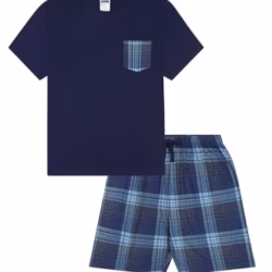 Mens Navy Blue Checked Short Pyjama Set