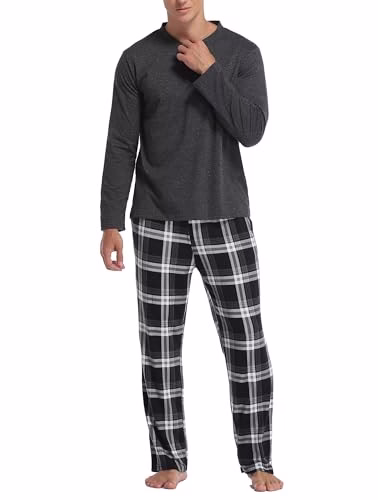 Vlazom Men's Pyjamas Sets Long-Sleeve Pj's Set Soft Loungwear Solid Top and Checked Pant with Pockets S-XXL - Image 3