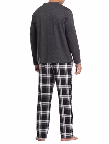 Vlazom Men's Pyjamas Sets Long-Sleeve Pj's Set Soft Loungwear Solid Top and Checked Pant with Pockets S-XXL - Image 4