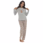 Thingimijigs Ladies' Highland Cow Print Pyjamas – Grey Marl Cotton Blend – Long Sleeve Top & Trousers – Cosy Loungewear Gift – UK Sizes 8-22