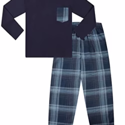 ThePyjamaFactory Boys Navy Blue Long Tartan Check Bottoms Pyjama Set Pjs For Kids