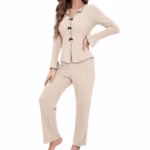 Women's Cotton Modal Long-Sleeve Pyjama Set, Soft and Breathable Women's Pyjamas Set with Adjustable Waist, Front Button Closure for Her