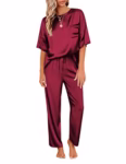 Ekouaer Womens Satin Silky Pajama Set Short Sleeve Shirt with Long Pajama Pant Set Soft PJ Loungewear, S-XXL