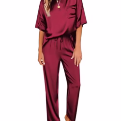 Ekouaer Womens Satin Silky Pajama Set Short Sleeve Shirt with Long Pajama Pant Set Soft PJ Loungewear, S-XXL