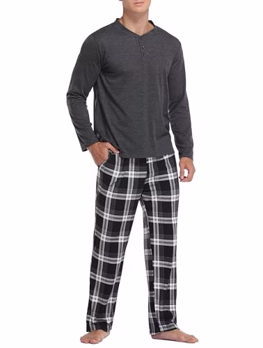 Vlazom Men's Pyjamas Sets Long-Sleeve Pj's Set Soft Loungwear Solid Top and Checked Pant with Pockets S-XXL - Image 2