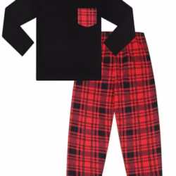 ThePyjamaFactory Children's - Boys Black/Red Pyjamas Plain Long Sleeve Top & Woven Tartan Check Bottoms