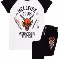 Stranger Things Kids Pyjama Set | Hellfire Club Short Sleeve T-Shirt and Black Loungepants PJs For Boys & Girls | Eddie Eleven Mike Dustin Max Members | Co-Ord Nightwear Netflix Series Merchandise