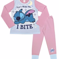 Disney Lilo & Stitch, Girls 2 Piece Pyjamas Set Featuring Stitch Don't Wake Me, I Bite, Pink, Age 5-12 Years