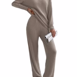 Famulily Womens Pyjamas Set Nightwear, Ladies Ribbed 2 Piece Outfits Loungewear Sets Leisure Suits Homewear V Neck Long Sleeve Jumpers and Wide Leg Trousers with Pockets