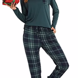 Vlazom Women's Pyjamas Sets V-Neck Soft Long Sleeve Top & Plaid Pant Pjs Set Sleepwear with Pockets Drawstring S-XXL