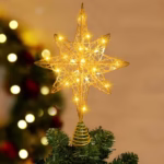 Christmas Tree Topper Lighted, 13.5’’ Gold Glittered Xmas Hollow Star Treetop Toppers Ornaments with 20 LED Lights for Indoor Christmas Tree New Year Holiday Decorations