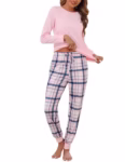 Women's Pyjama Sets Cotton Pjs Long Sleeve Nightwear Checked Pants with Pockets