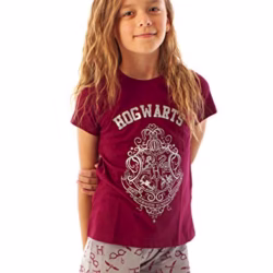Harry Potter Girls Pyjama Set | Hogwarts Glitter Crest Long or Short Leg PJs in Burgundy & Pink | Kids Sleepwear for Bedtime, Lounging or Sleepovers | Officially Licensed Wizarding World Merchandise