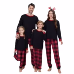 Family Matching Pyjama Set, Long Sleeve Cotton Top with Buffalo Plaid Bottoms Loungewear Christmas PJs Set