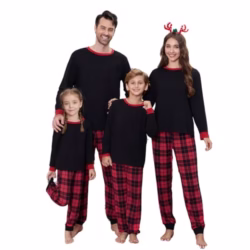Family Matching Pyjama Set, Long Sleeve Cotton Top with Buffalo Plaid Bottoms Loungewear Christmas PJs Set