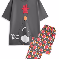 Wallace and Gromit Mens 2 Piece Pyjama Set | Adults Grey and Red All Over Print Long Leg Bottoms and Short Sleeve Night Top | Evil Penguin Feathers McGraw Graphic Print PJs | Animated Comedy Movie