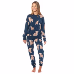 Daisy Dreamer Womens Printed Fleece Pyjama Set Soft & Warm Sleepwear Loungewear Nightwear Long Sleeve Top Ladies Animal Print Pjs