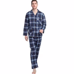 GLOBAL Mens Pyjama Sets | 100% Cotton Soft Flannel Pjs | Long-Sleeve Top Elastic and Drawstring Bottoms