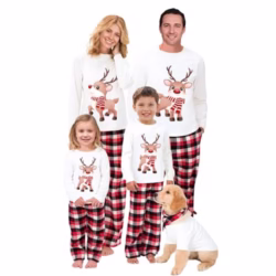 Family Matching Christmas Pyjamas Reindeer Print Top w Buffalo Plaid Bottoms Christmas Pjs Sleepwear